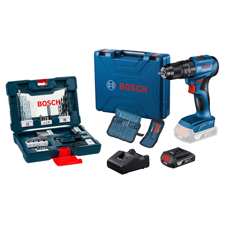 BOSCH - Taladro percutor Bosch GSB 185-LI 18V + 1 Batería 18V GBA 2.0Ah + 23 accesorios + Set de Puntas y Brocas Bosch V-line 41 unidades