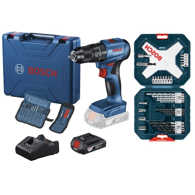 BOSCH - Taladro percutor Bosch GSB 185-LI 18V + 1 Batería 18V GBA 2.0Ah + Maletín de plástico + Set de Puntas y Brocas Bosch X-Line 34 unidades