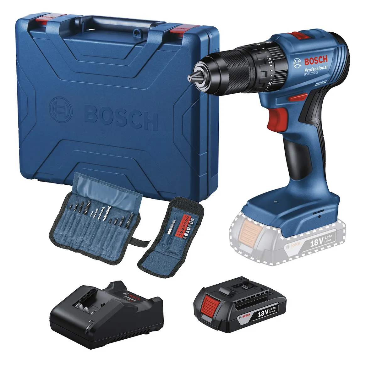 BOSCH - Taladro Percutor Bosch GSB 185-LI 18V + 1 Batería 18V GBA 2.0Ah + 23 Accesorios