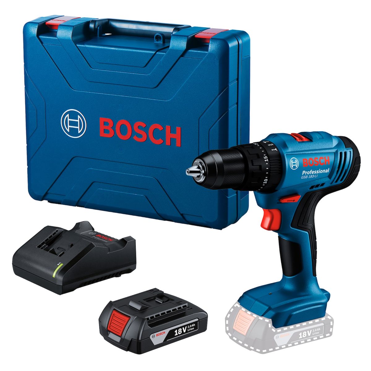 BOSCH - Taladro inalámbrico 18V Bosch GSB 183-LI + 1 Batería + Maleta de plástico