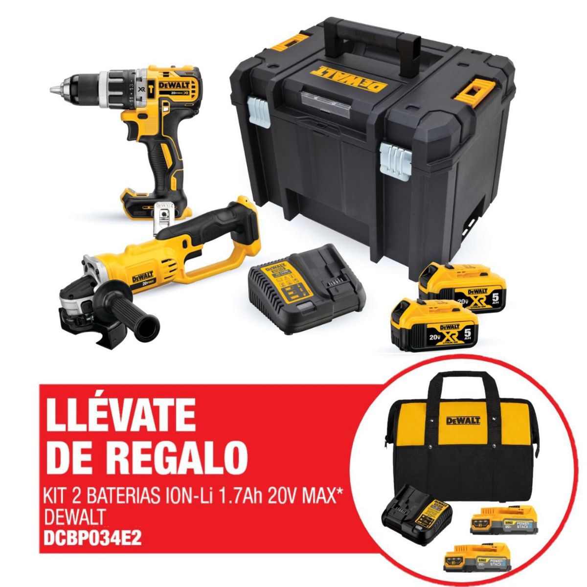 DEWALT - Taladro Percutor 1/2" 20V + Esmeril Angular 4 1/2" 20V + 2 Bat powerstack 1.7AH + Maletín