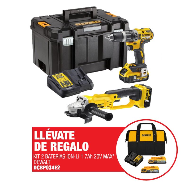 DEWALT - Taladro Percutor Dewalt 1/2" 20 V Xr 70 Nm + Esmeril Angular Dewalt 4 1/2" 20V + Cargador + Regalo: Kit 2 Bat 1.7AH 20V + 1 Carg + Maletin de lona