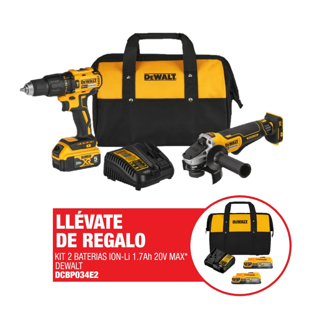 DEWALT - Taladro Percutor + Esmeril + 1 Batería + 1 Cargador + Bolsa + REGALO 2 Baterías