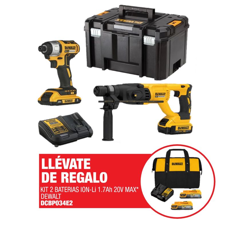 DEWALT - Kit Rotomartillo Dewalt  DCK260D1P1T + Ator. Impacto Dewalt  20V + 2 Bat + Carg + Regalo: Kit 2 Bat 1.7AH 20V + 1 Carg + Maletin de lona