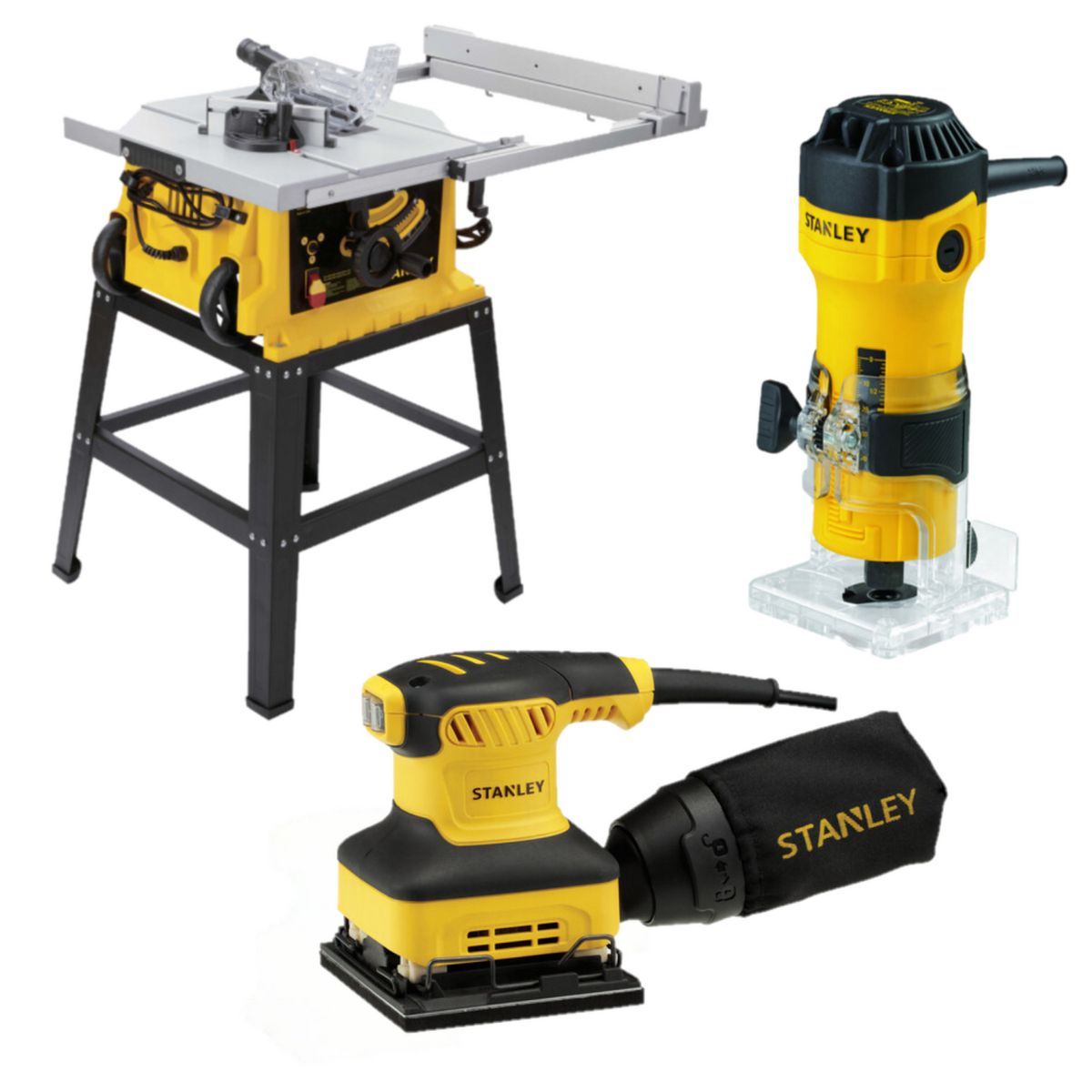 STANLEY - Kit sierra de Banco 10” SST1801 + Ruteadora ST55 + Lijadora SS24 Stanley