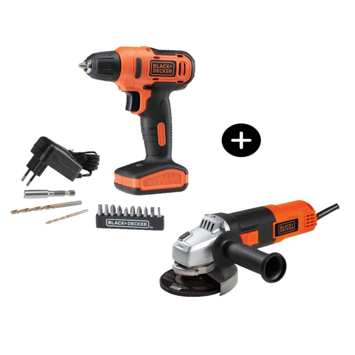 BLACK+DECKER - Kit Taladro Inalámbrico Black+Decker 12v + 13 Accesorios + Amoladora Angular Black+Decker 4-1/2" G720 + Maleta plástica B+D