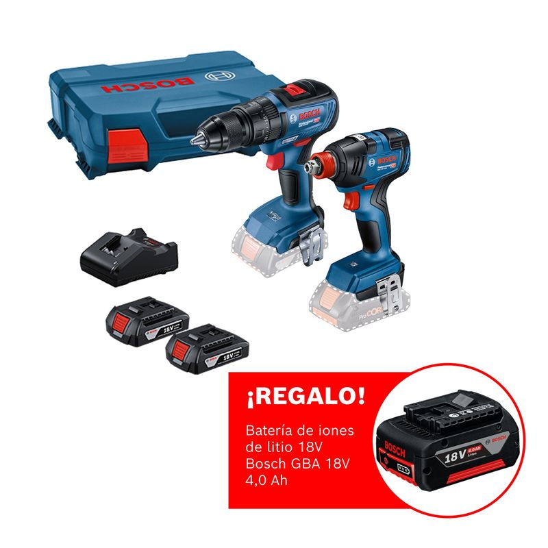 BOSCH - Taladro percutor Bosch GSB 18V-50 + Llave de impacto Bosch GDX 18V-200 + 2 baterías GBA 18V 2,0 Ah + 1 cargador GAL 18V-20 + 1 maletín plástico + ¡REGALO! Batería de iones de litio 18V Bosch GBA 18V 4,0 Ah