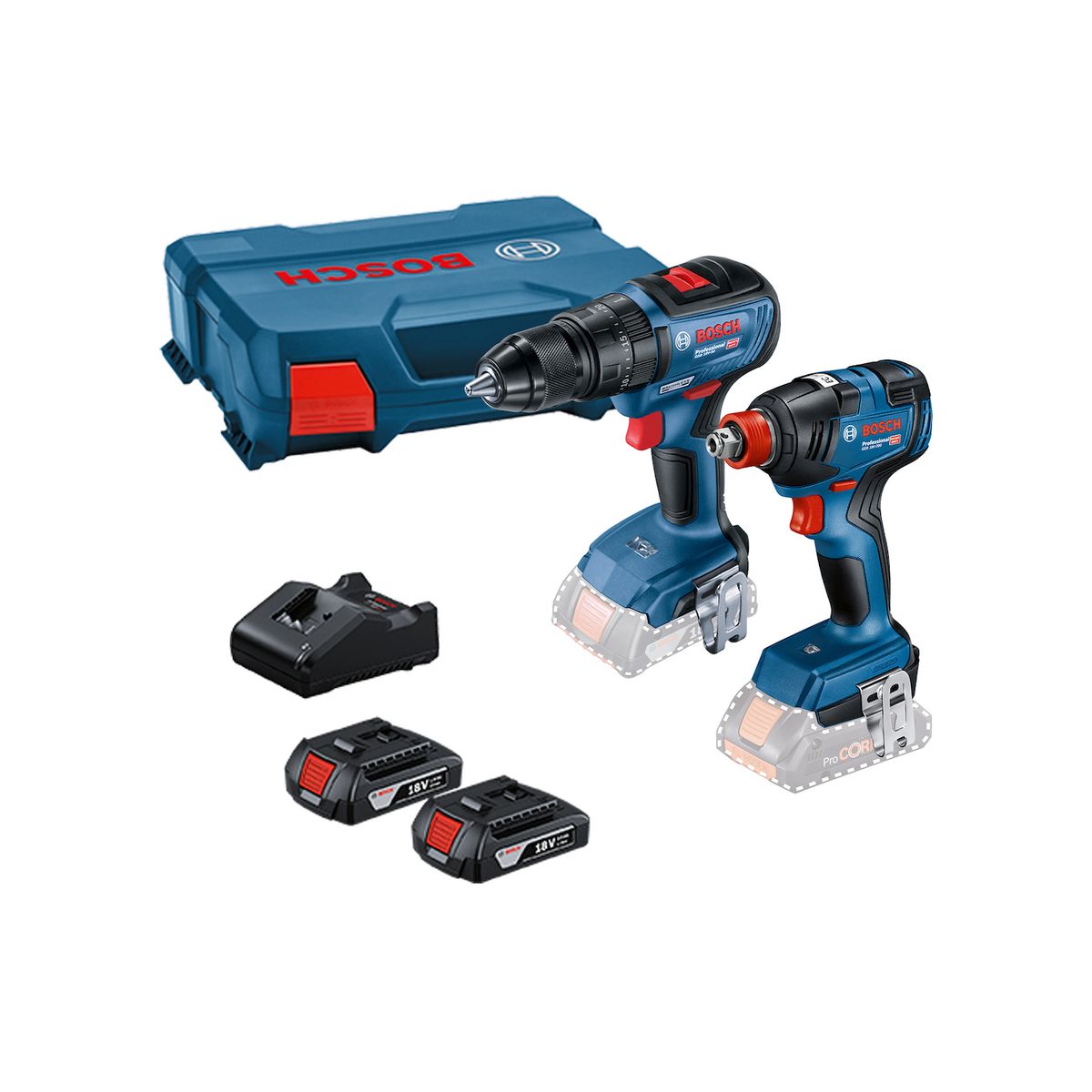 BOSCH - Taladro percutor GSB 18V-50 Llave de impacto GDX 18V-200 2 Bat 2,0 Ah 1 Carg + REGALO Bat 18V 4,0 Ah