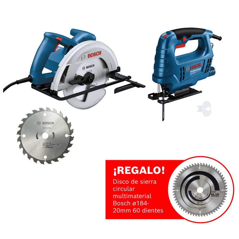 BOSCH - Sierra circular Bosch GKS 130 + 1 disco de corte 24 dientes + Sierra caladora Bosch GST 680-500W + 1 hoja de corte + ¡REGALO! Disco de sierra circular multimaterial Bosch ø184-20mm 60 dientes