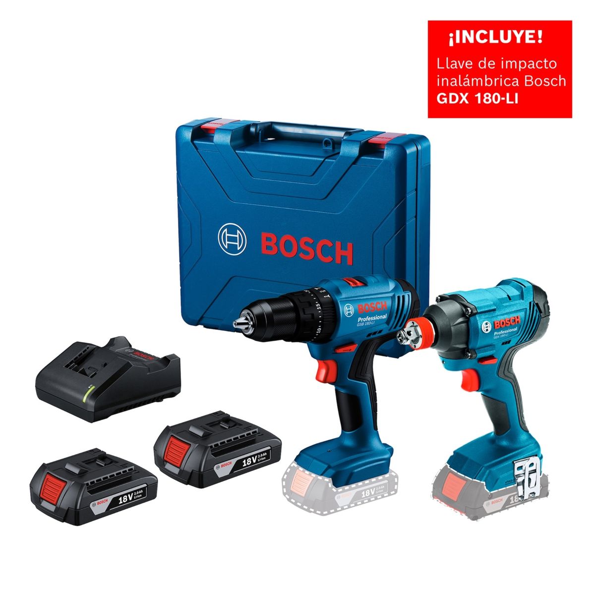BOSCH - Taladro percutor atornillador 18V Bosch GSB 183-LI + Llave de impacto inalámbrica 18V Bosch GDX 180-LI 1+ 2 Baterías + Maletín de plástico