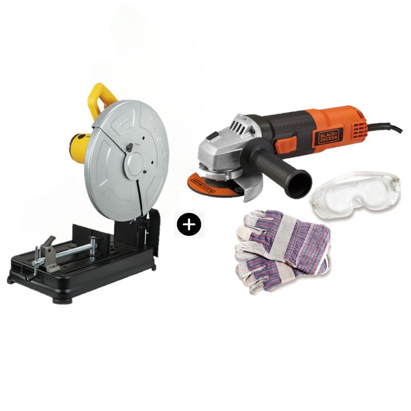 STANLEY - Kit Tronzadora de Metales 14" SSC22 Stanley + Amoladora Angular 4-1/2" G720 + Maleta plástica B+D