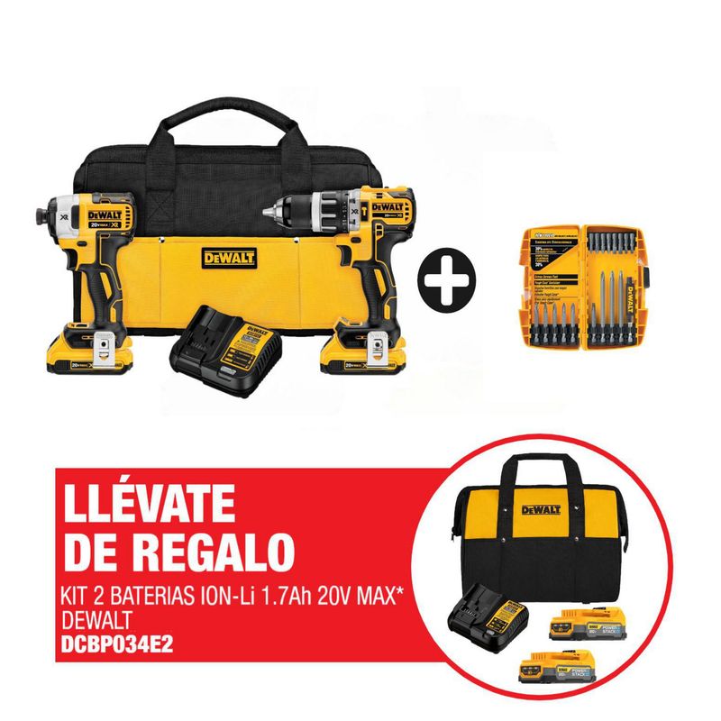 DEWALT - Kit Taladro Percutor Dewalt 1/2" 20V + Atornillador de Impacto Dewalt 1/4" 20V + Cargador + Regalo: Kit 2 Bat 1.7AH 20V + 1 Carg + Maletin de lona