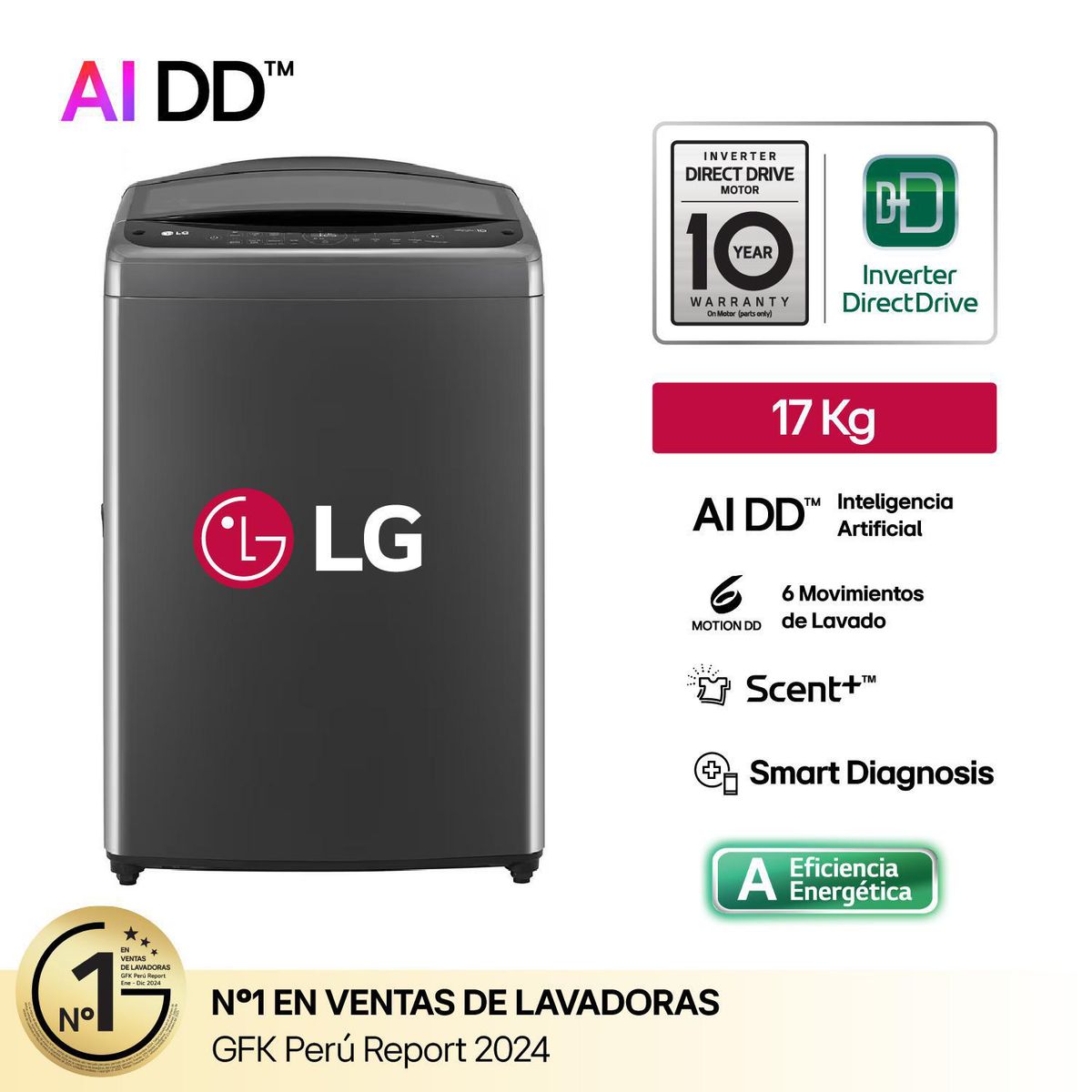 LG - Lavadora WT17BV6T 17Kg AI DD Carga Superior Negro Claro