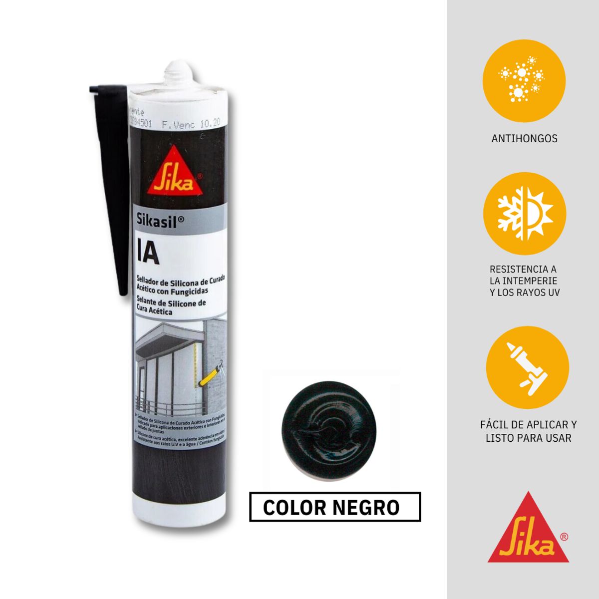 SIKA - Sika Sikasil IA Negro | Sellante de silicona multiuso para vidrios y ventanas 280 ml