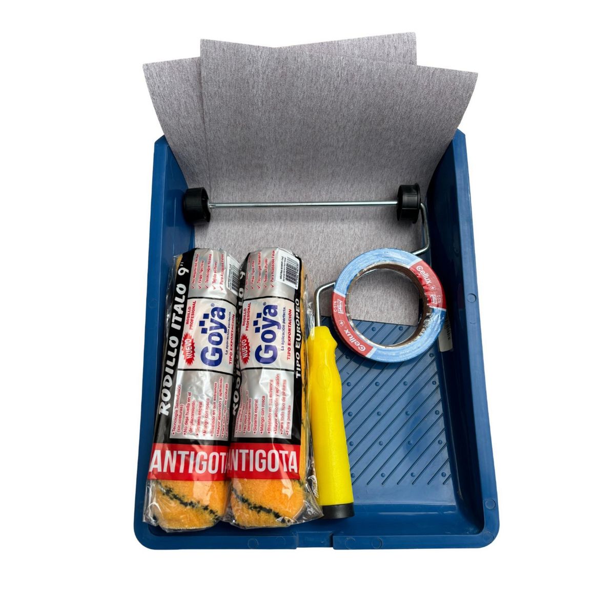 GOYA - Kit accesorios para pintar : 2 Lija + Rodillo Italo Antigota 9" + Funda para rodillo + Bandeja azul + Cinta azul 3/4" x 40 ydas.
