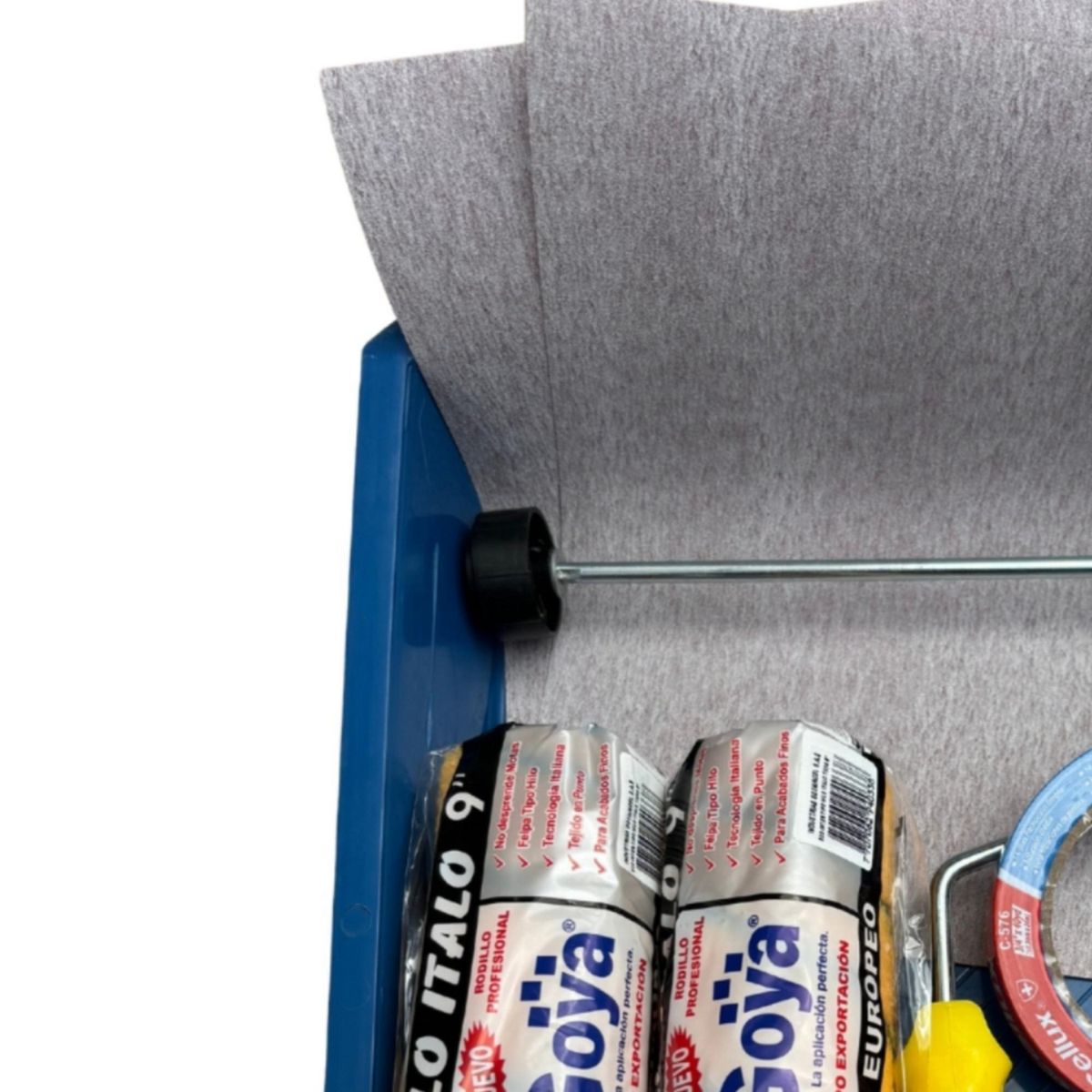 GOYA - Kit accesorios para pintar : 2 Lija + Rodillo Italo Antigota 9" + Funda para rodillo + Bandeja azul + Cinta azul 3/4" x 40 ydas.