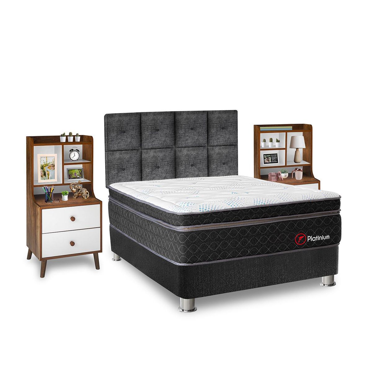 FORLI - Dormitorio Platinum 2 Plazas + Velador con Repisa Fashion