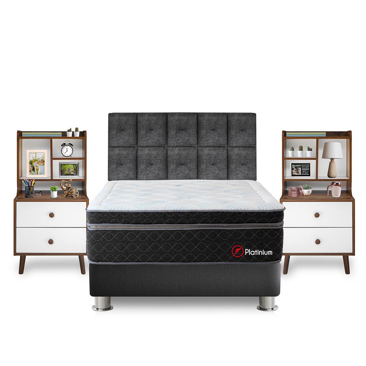 FORLI - Dormitorio Platinum Queen + Velador con Repisa Fashion