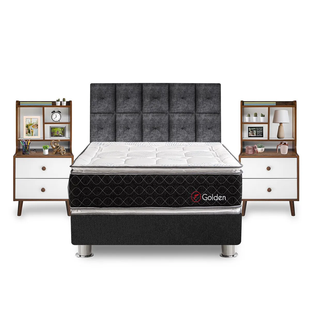 FORLI - Dormitorio Golden Queen + Velador con Repisa Fashion