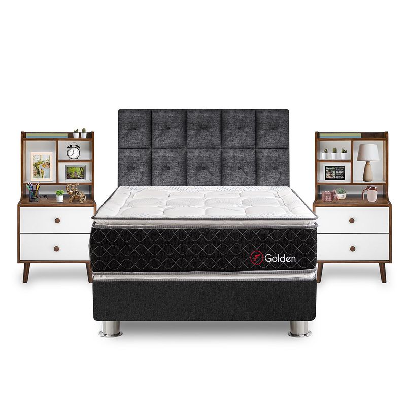 FORLI - Dormitorio Golden Queen + Velador Con Repisa Fashion