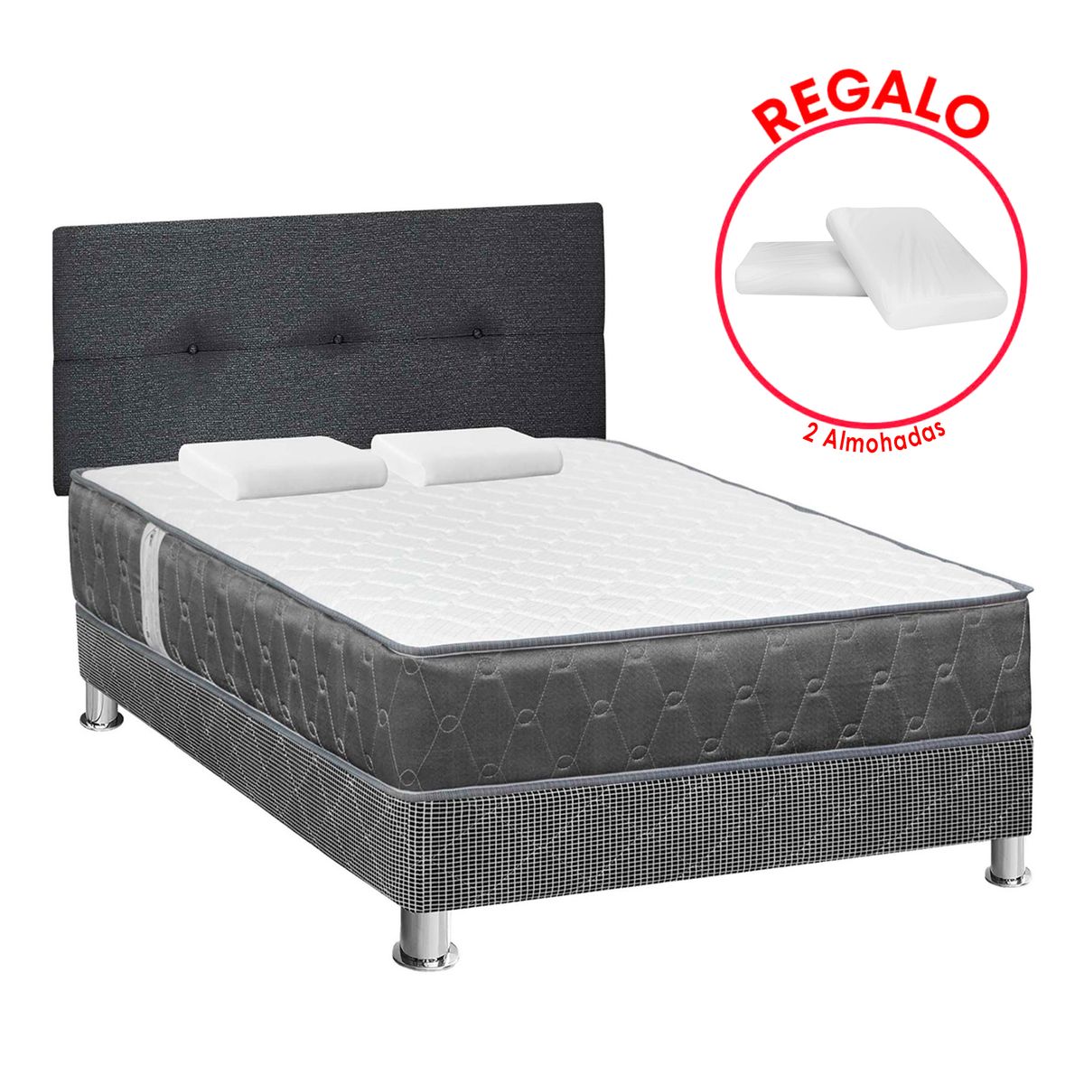 FORLI - Dormitorio Acqua 2 Plazas + 2 Almohadas + Protector Gris