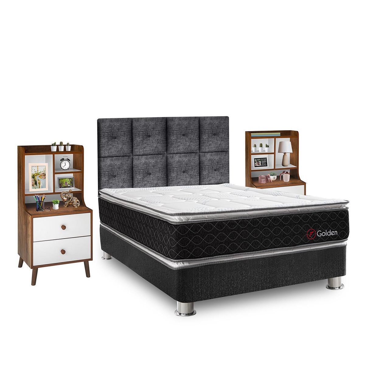 FORLI - Dormitorio Golden 2 Plazas + Velador Repisa Fashion