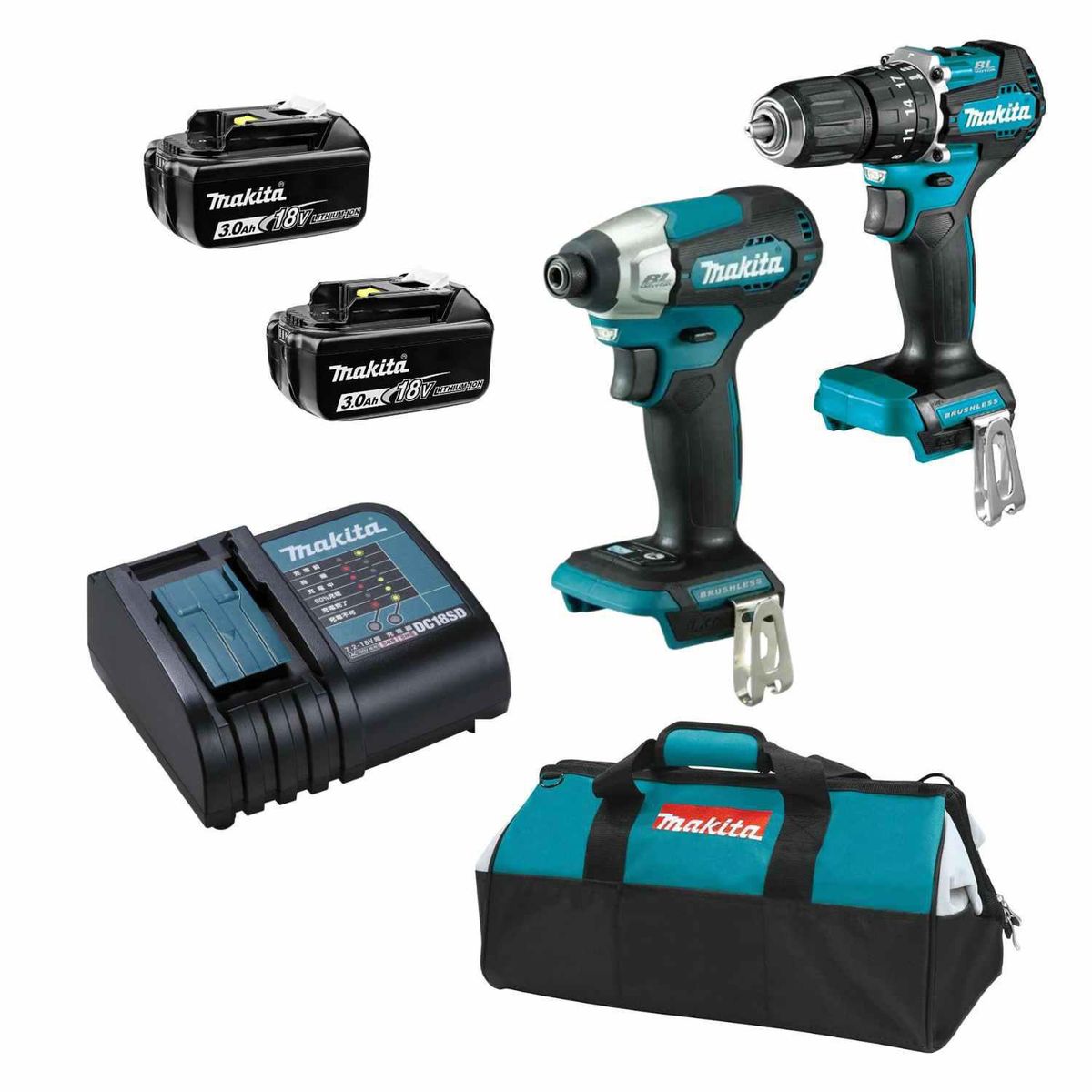 MAKITA - 1 Taladro Percutor + 1 Atornillador + 2 Baterías + 1 Cargador + 1 Maletín Makita