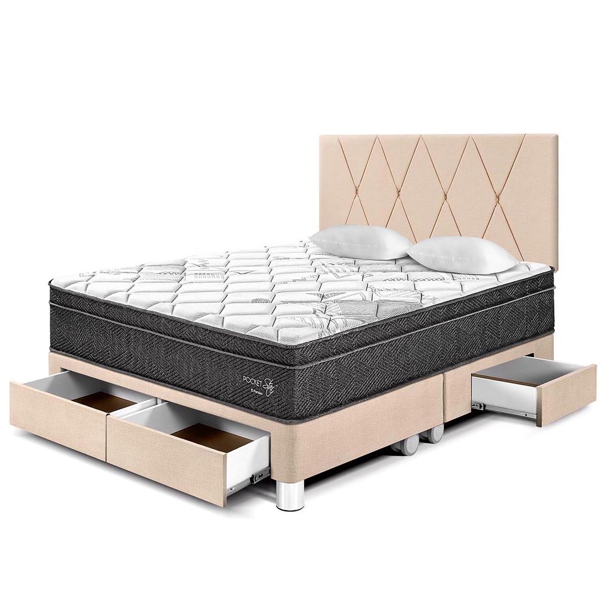 PARAISO - Dormitorio con Cajones Paraíso Pocket Star Queen + 2 Almohadas + Protector