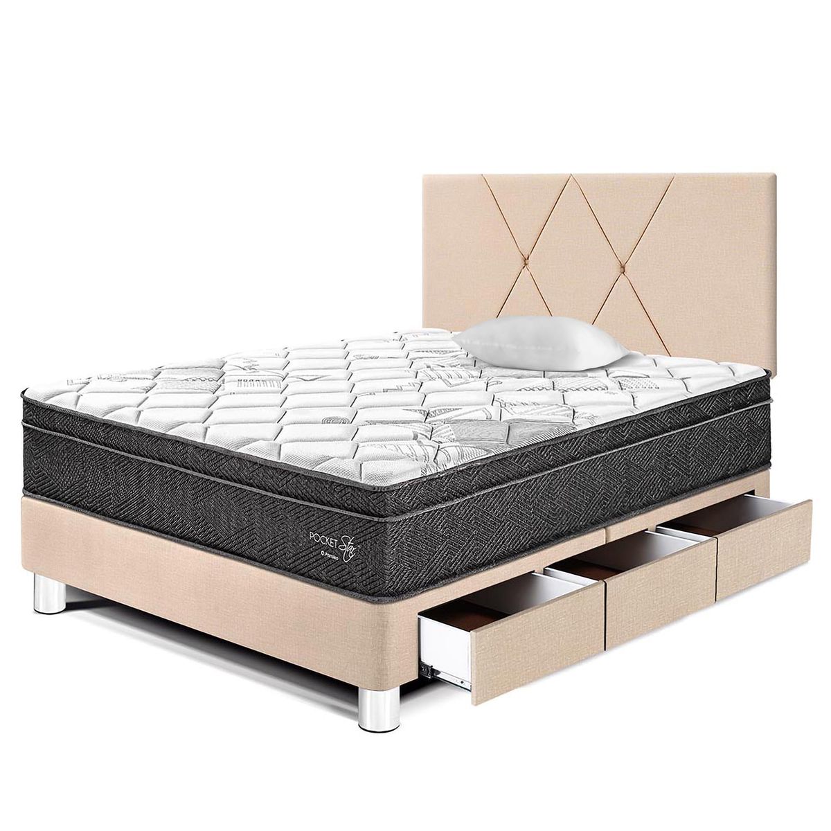 PARAISO - Dormitorio con Cajones Paraíso Pocket Star 1.5 Plazas + Almohada + Protector