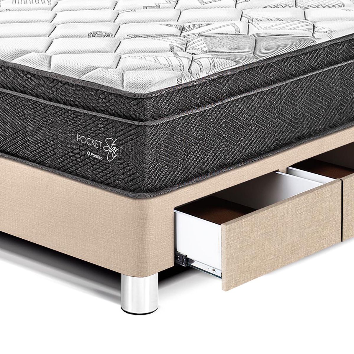 PARAISO - Dormitorio con Cajones Paraíso Pocket Star 1.5 Plazas + Almohada + Protector