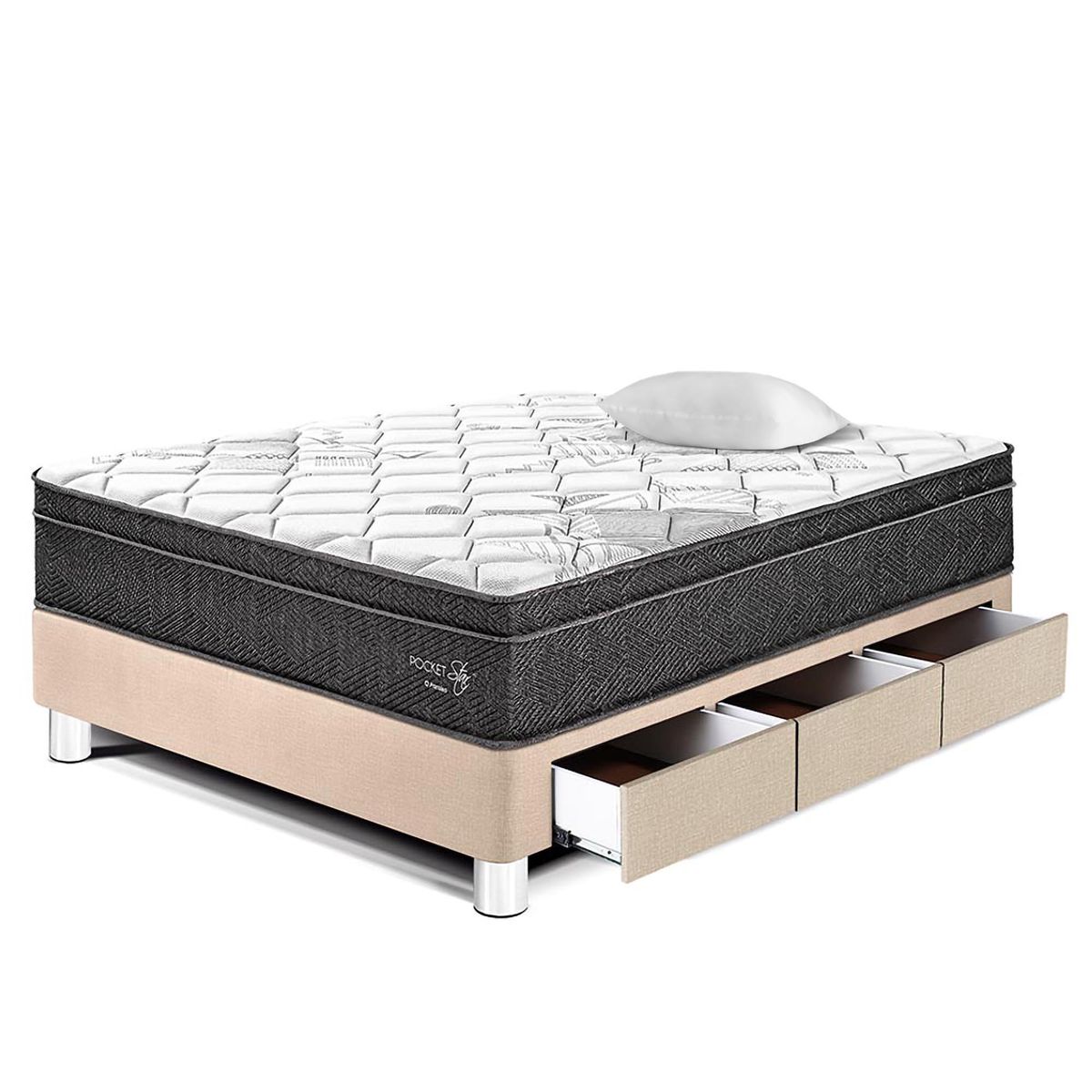 PARAISO - Cama con Cajones Pocket Star 1.5 Plazas + Almohada + Protector