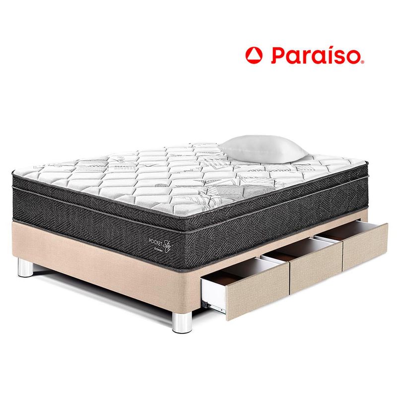 PARAISO - Cama con Cajones Pocket Star 1.5 Plazas + Almohada + Protector