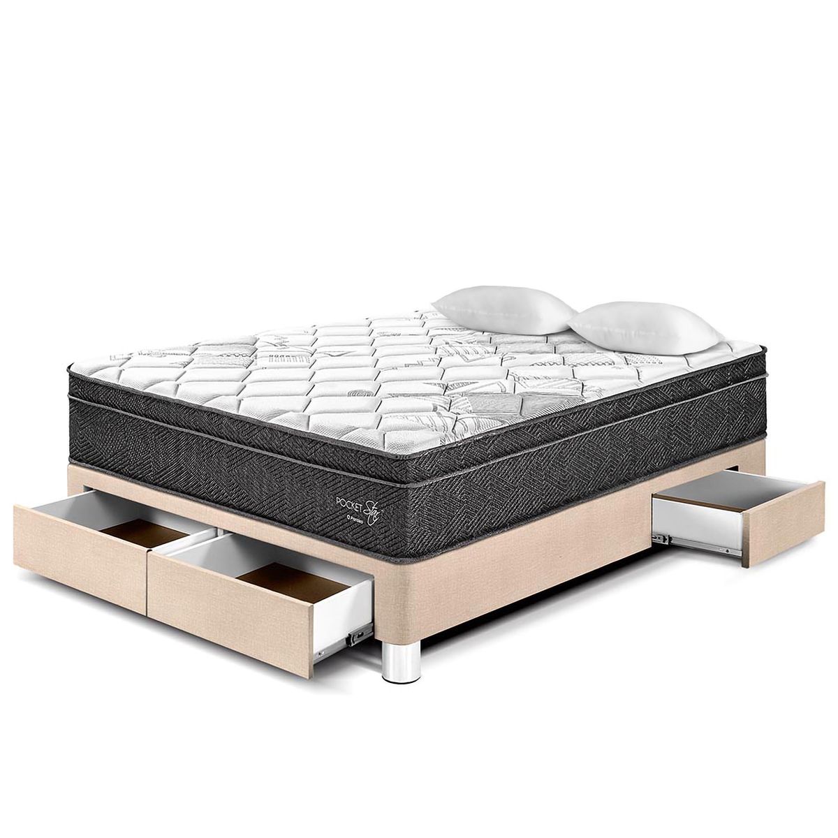 PARAISO - Cama con Cajones Pocket Star 2 Plazas + 2 Almohadas + Protector