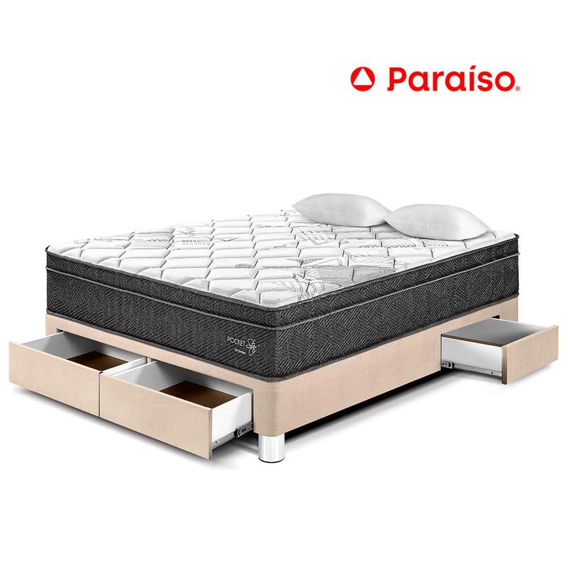PARAISO - Cama con Cajones Pocket Star 2 Plazas + 2 Almohadas + Protector