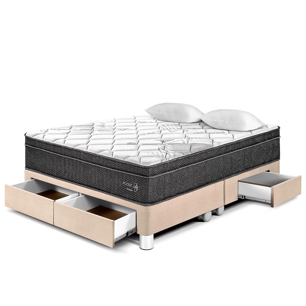 PARAISO - Cama con Cajones Pocket Star Queen + 2 Almohadas + Protector