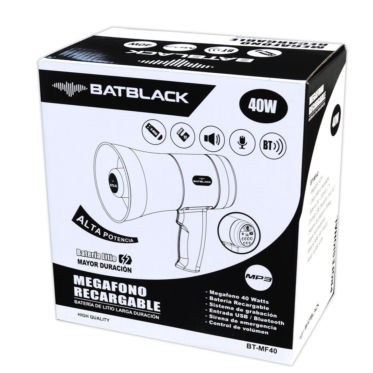 BATBLACK - Megáfono Recargable 40W USB