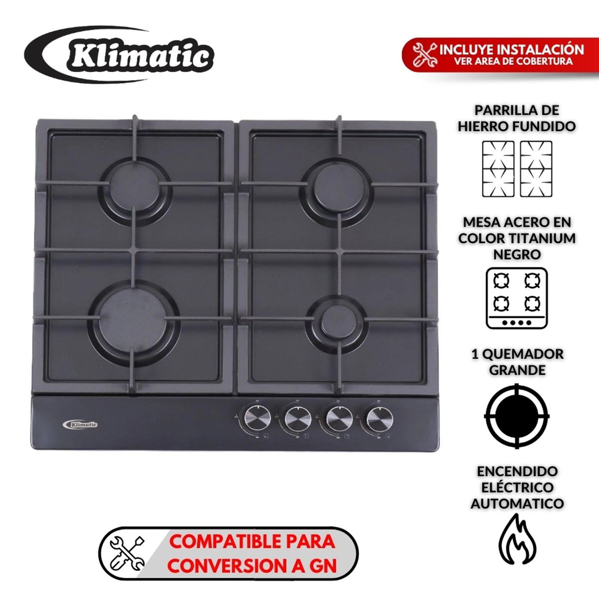 KLIMATIC - Cocina Empotrable a Gas 4 Hornillas Alda Klimatic