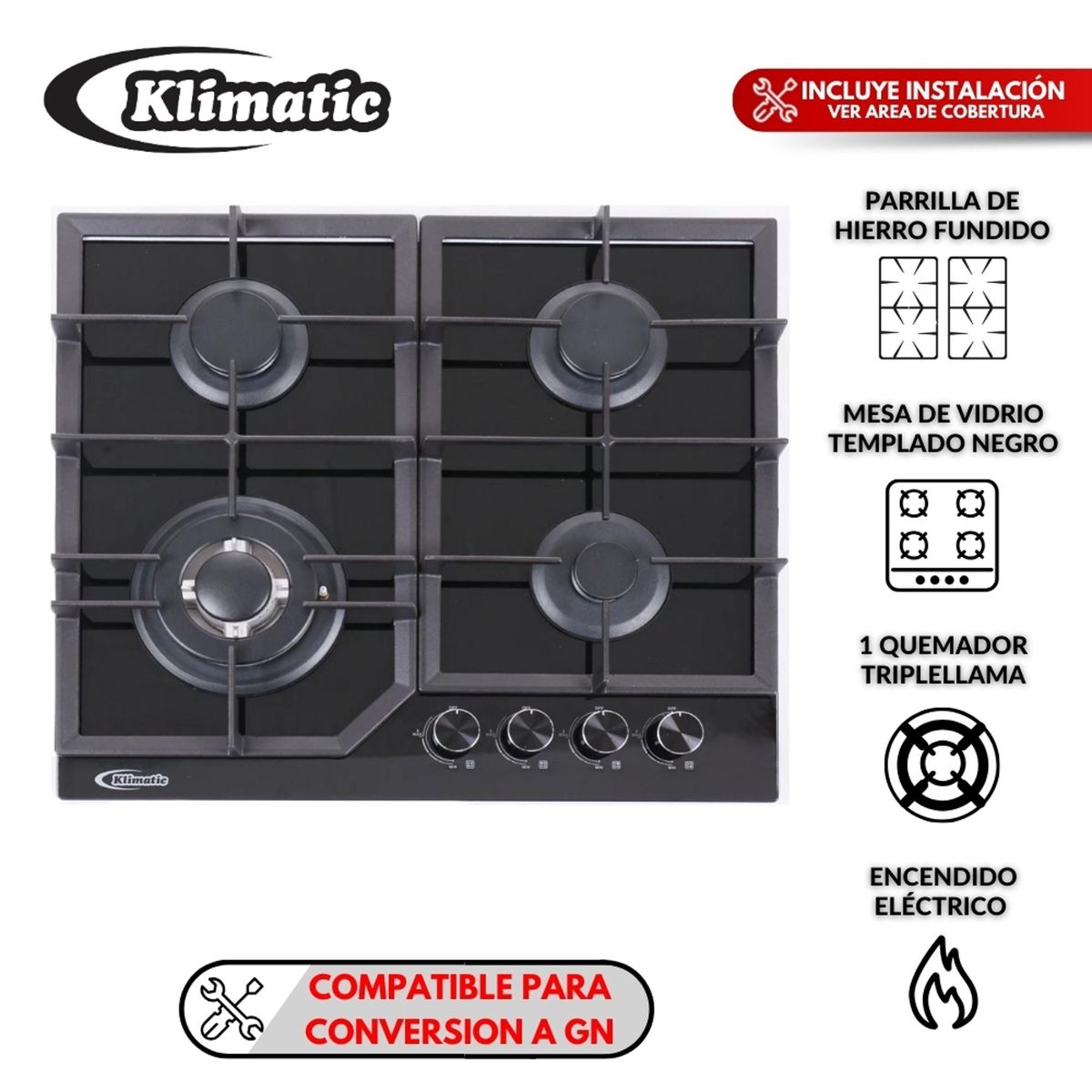 KLIMATIC - Cocina Empotrable a Gas 4 Hornillas Alessia Klimatic