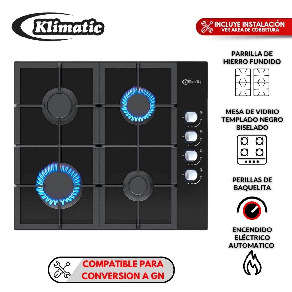 KLIMATIC - Cocina Empotrable 4 Hornillas Mitte 60cm