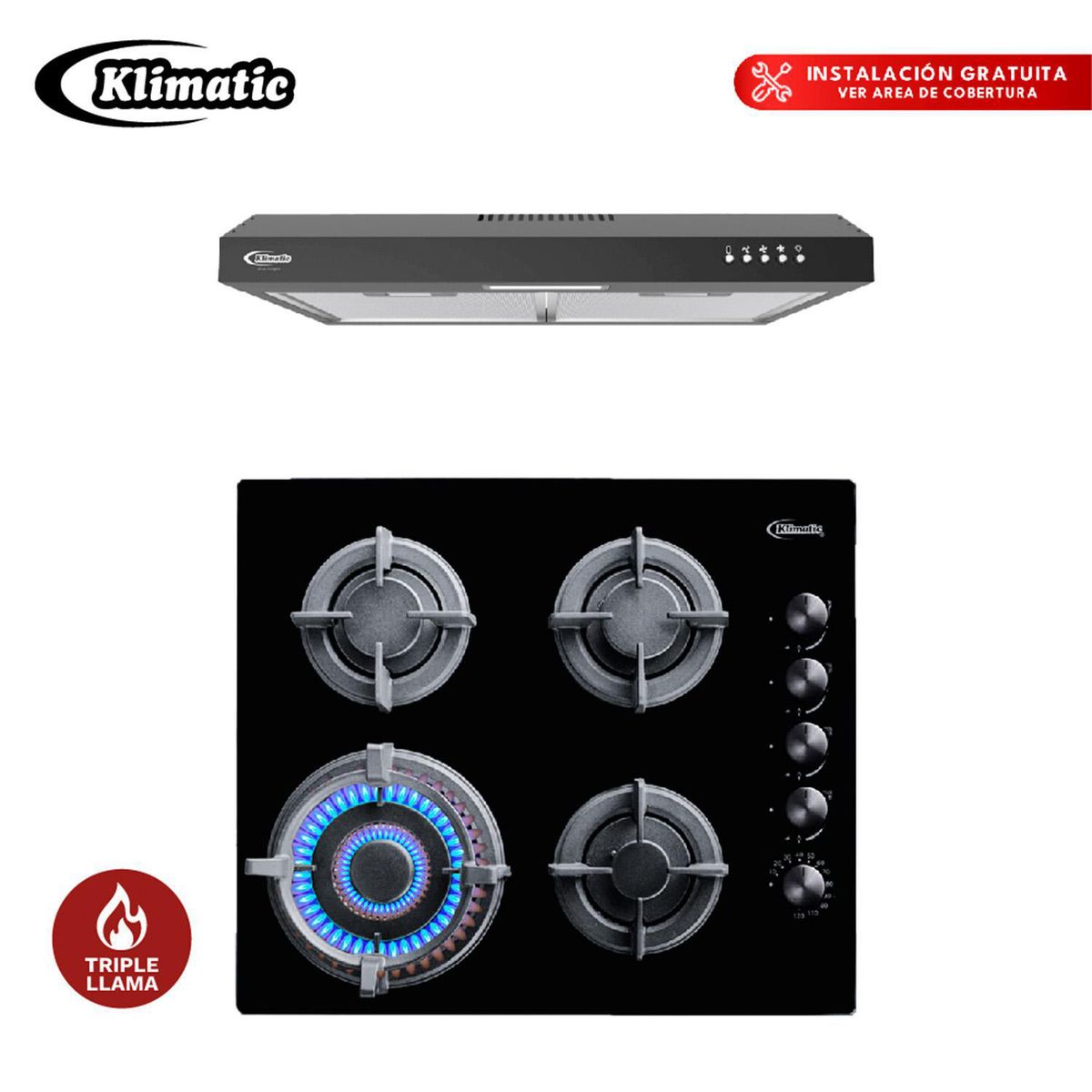 KLIMATIC - Combo Cocina Empotrable 4 Hornillas Gia X + Campana Extractora Vento A Klimatic