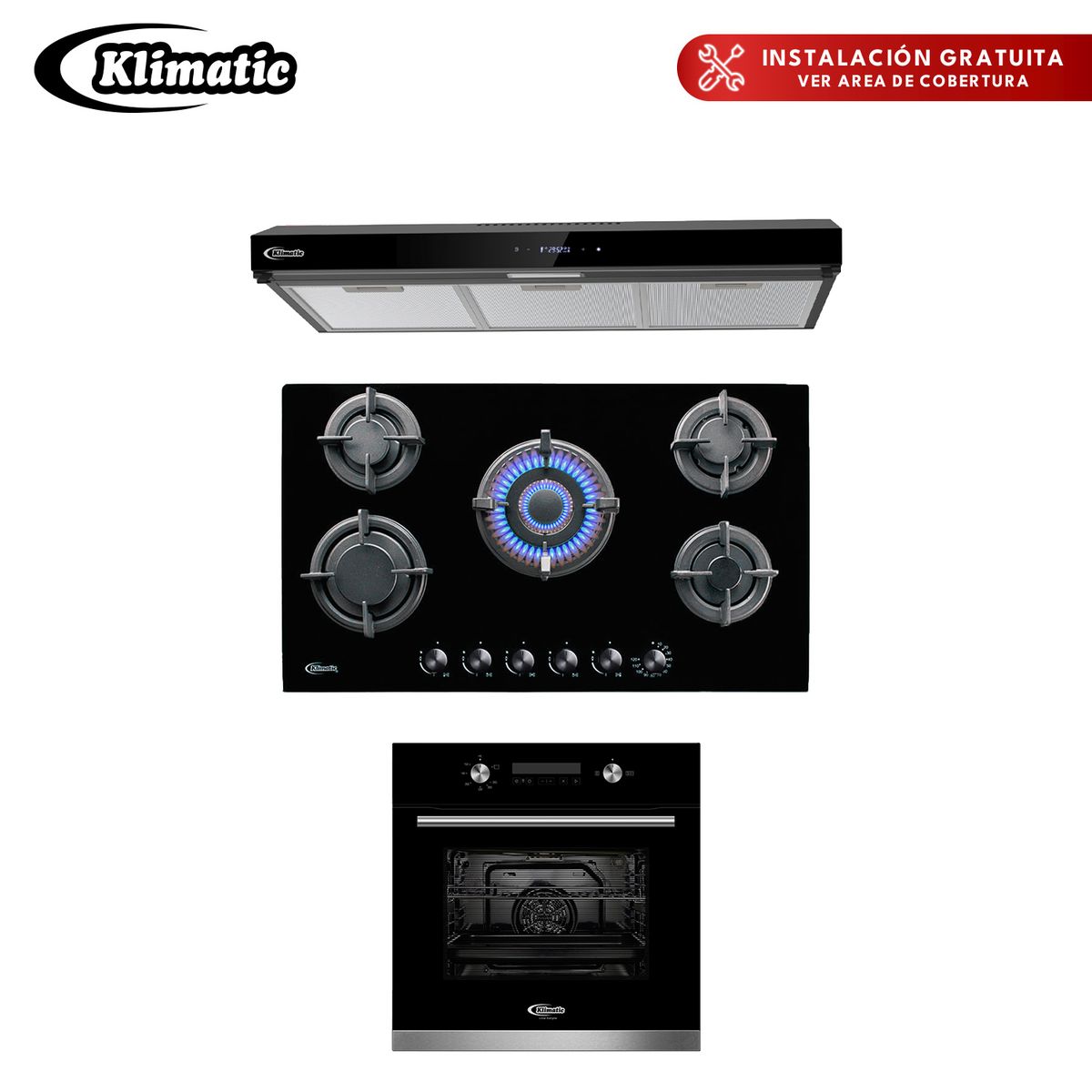 KLIMATIC - Tricombo Cocina Empotrable 5 Hornillas Gina X + Campana Extractora Volendam + Horno Empotrable Bonn