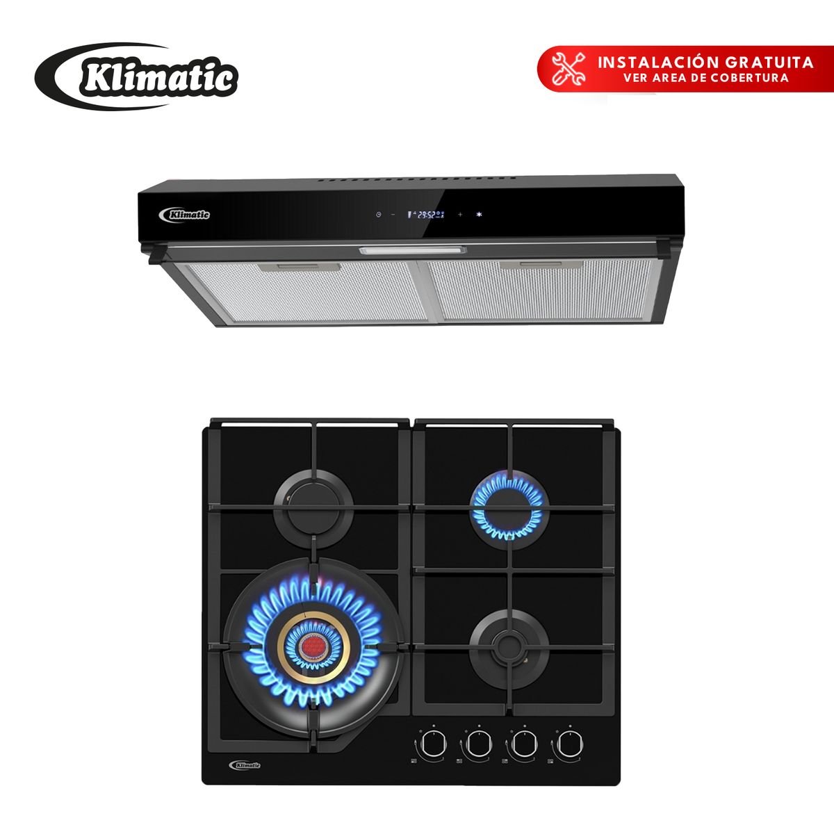 KLIMATIC - Combo Cocina Empotrable 4 Hornillas Vulcano + Campana Extractora Amsterdam Klimatic