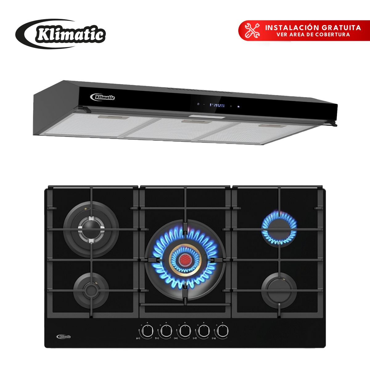 KLIMATIC - Combo Cocina Empotrable 5 Hornillas Vulcano + Campana Extractora Volendam Klimatic