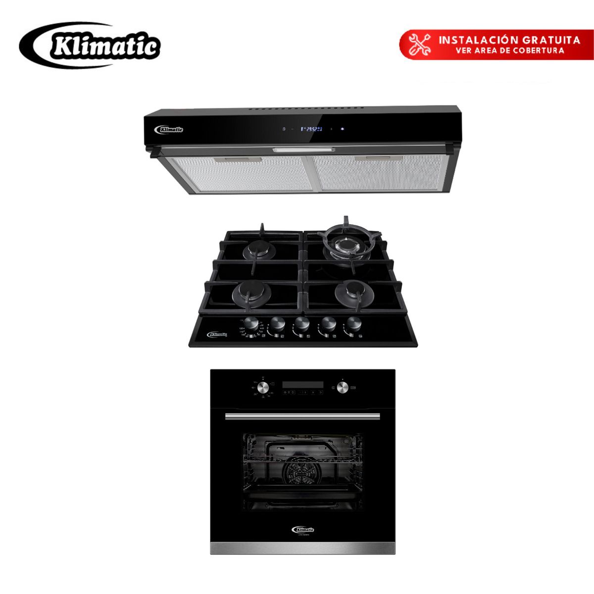 KLIMATIC - Tricombo Cocina Empotrable 4 Hornillas Aosta + Campana Extractora Amsterdam + Horno Empotrablle Bonn