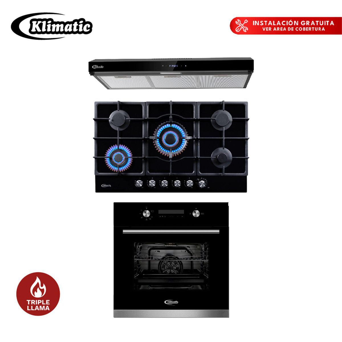 KLIMATIC - Tricombo Cocina Empotrable 5 Hornillas Aosta + Campana Extractora Volendam + Horno Empotrable Bonn