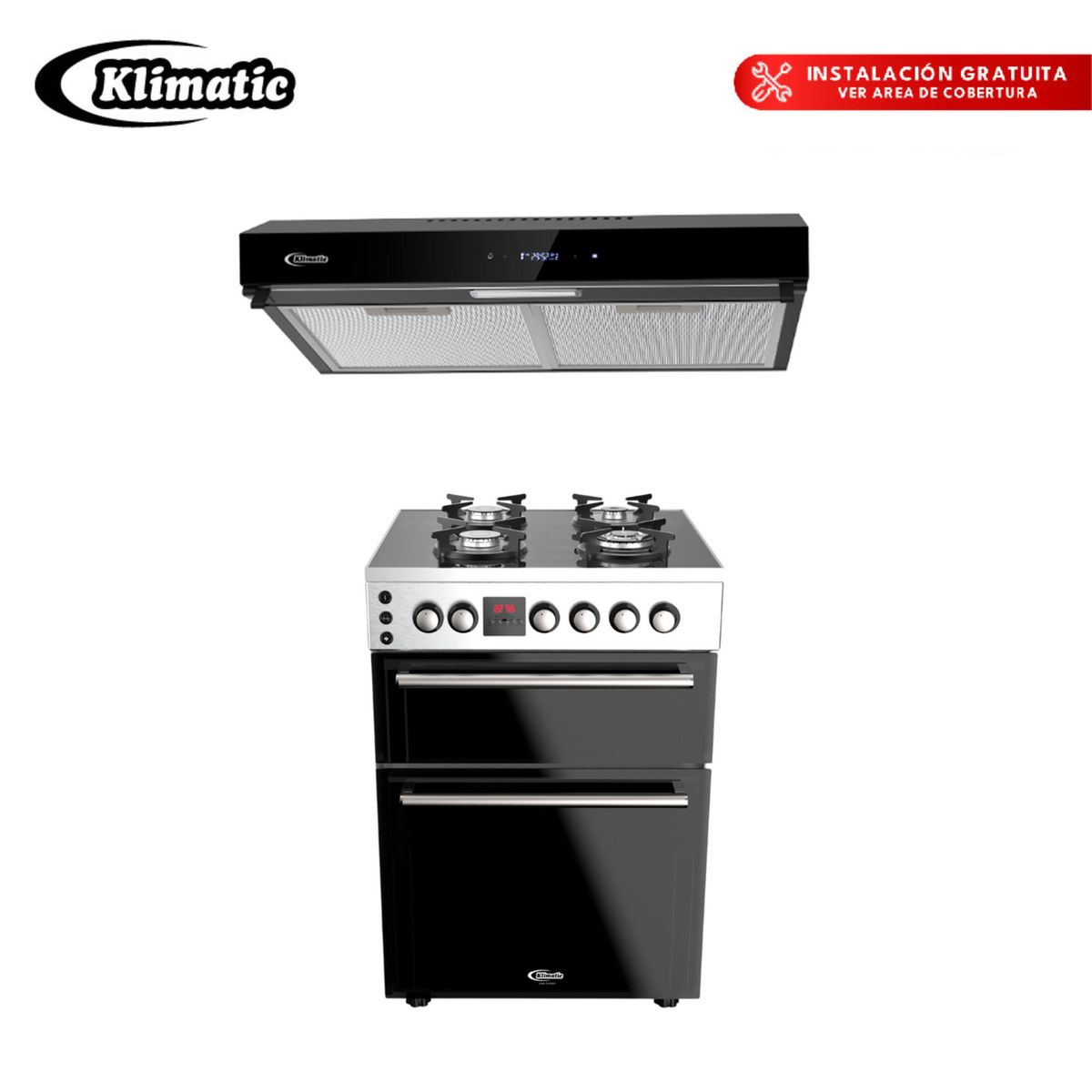 KLIMATIC - Combo Cocina A Gas 4 Hornillas Vita E Pro + Campana Extractora Amsterdam Klimatic