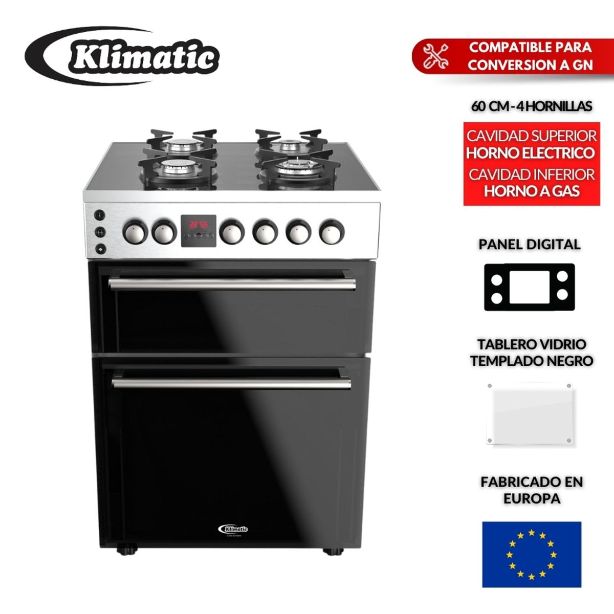 KLIMATIC - Combo Cocina A Gas 4 Hornillas Vita E Pro + Campana Extractora Amsterdam Klimatic