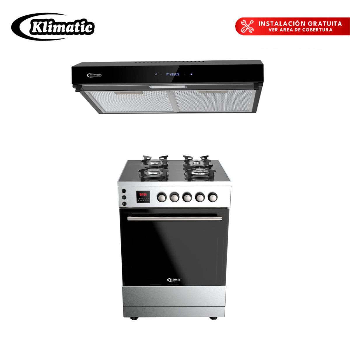 KLIMATIC - Combo Cocina A Gas 4 Hornillas Vita Pro + Campana Extractora Amsterdam Klimatic