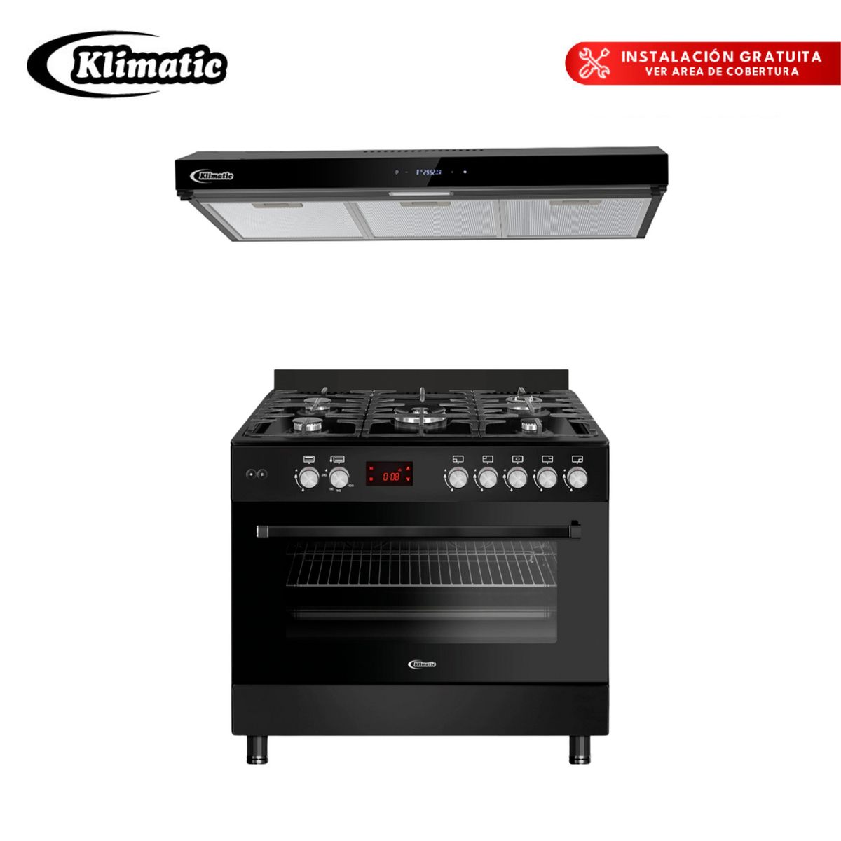 KLIMATIC - Combo Cocina A Gas 5 Hornillas Accent + Campana Extractora Volendam Klimatic