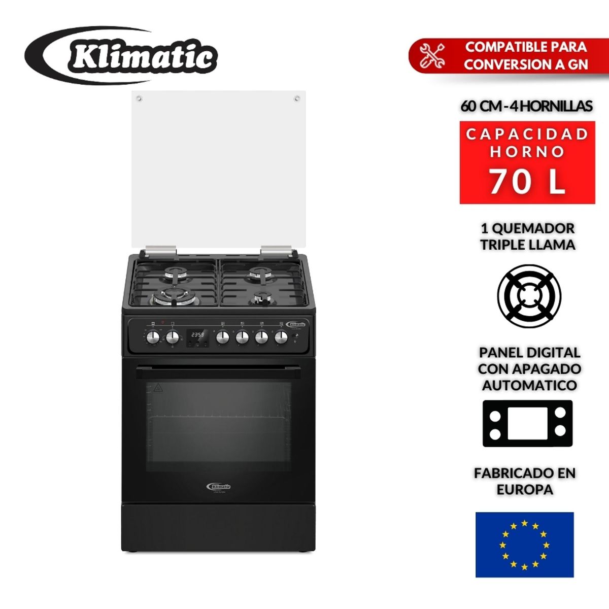 KLIMATIC - Combo Cocina A Gas 4 Hornillas Venti + Campana Extractora Amsterdam Klimatic